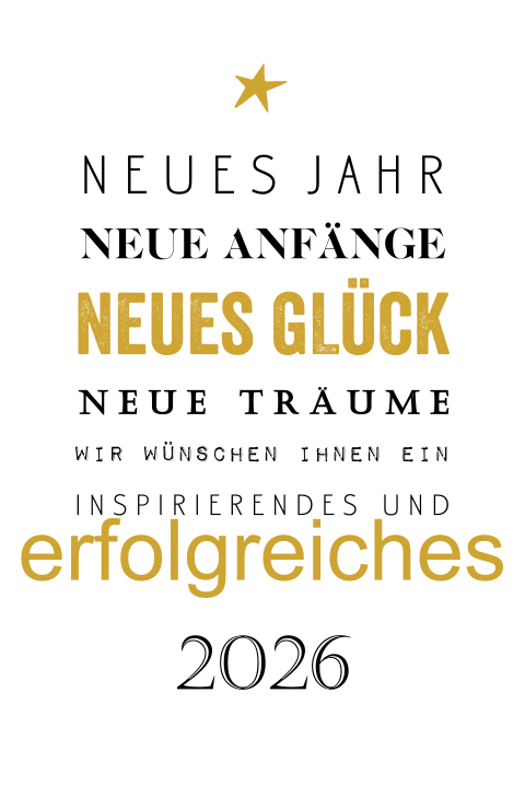 Neujahrskarte mit vielen verschiedenen Wünschen für das neue Jahr