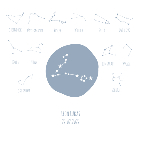 Hübsche Geburtskarte mit dem persönlichen Sternzeichen (austauschbar)