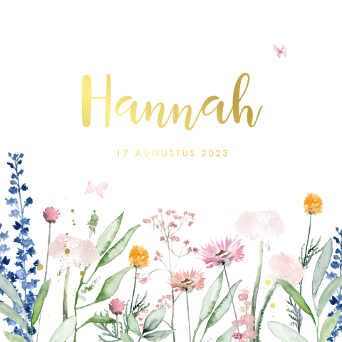 Niedliche Geburtskarte mit einer farbenfrohen Blumenwiese