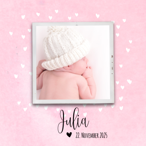 Süße Geburtskarte mit aquarellpinkem Hintegrund und Foto