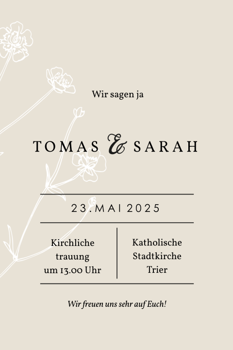 Elegante Hochzeitseinladung mit gezeichneten Blumen