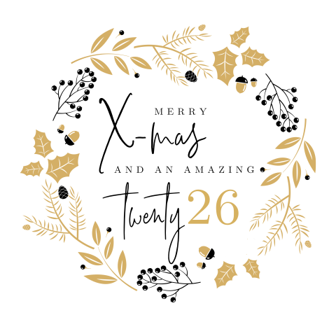 Fröhliche Weihnachtskarte mit einem goldenen Blätterkranz