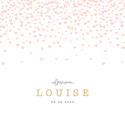 Süße Geburtskarte mit einem rosafarbenen Herzenregen