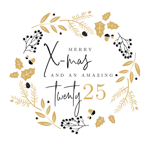 Fröhliche Weihnachtskarte mit einem goldenen Blätterkranz