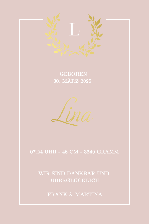 Edle Geburtskarte mit einem Foto Ihrer Tochter auf der Rückseite
