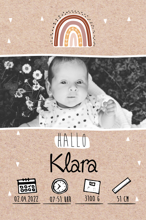 Süße Geburtskarte mit Foto, Regenbogen und allen wichtigen Infos