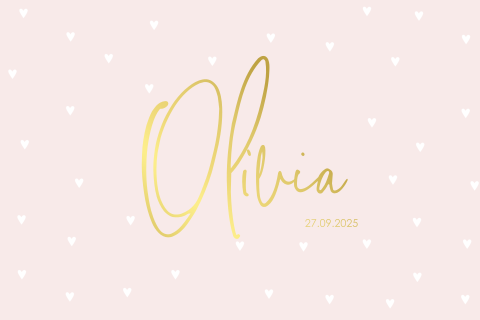 Stilvolle rosafarbene Geburtskarte mit kleinen Herzchen