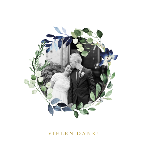 Dankeskarte mit einem Blumenkranz und Ihrem Foto: "Wedding Wreath"