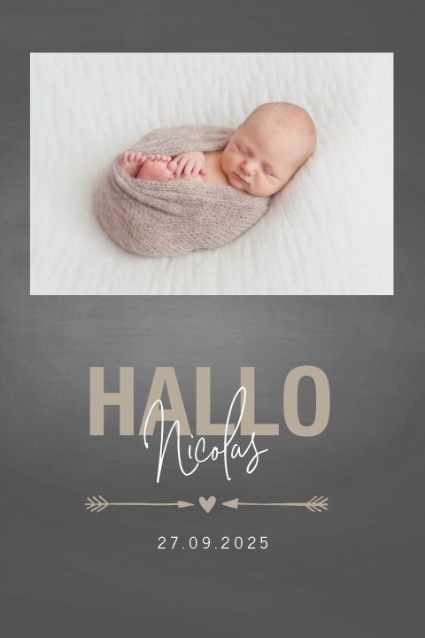 Hippe Baybkarte mit großer Begrüßung und Foto