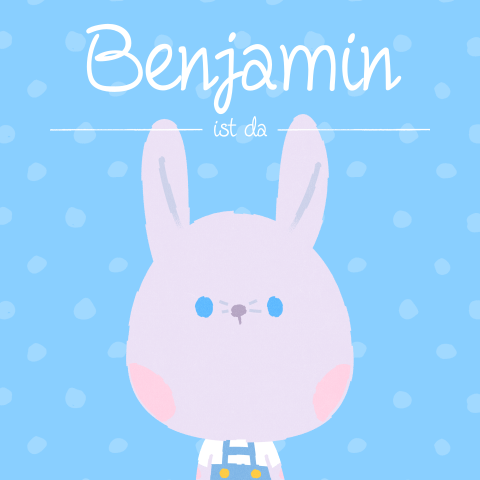 Süße Geburtskarte mit blauem Hintergrund uns kleinem Hasen