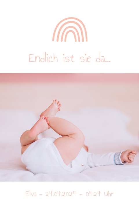 Süße Geburtskarte mit einem orangefarbenen Regenbogen und Foto