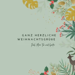 Weihnachtskarte mit botanischen Elementen und grünem Hintergrund