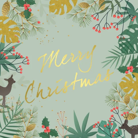 Weihnachtskarte mit botanischen Elementen und grünem Hintergrund