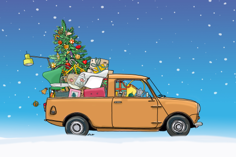 Hübsche Weihnachtskarte mit einem Pick-Up in der Weihnachtsnacht