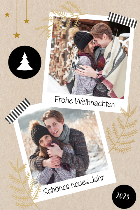 Verspielte Weihnachtskarte mit verschiedenen Elementen und Bildern