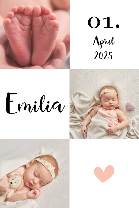 Moderne Geburtskarte mit Quadraten für Bilder und Infos zum Nachwuchs