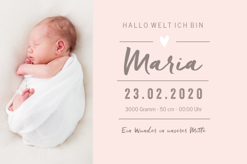 Rosafarbene Geburtskarte mit Foto