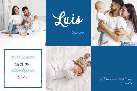 Hübsche Geburtskarte mit Quadraten für Bilder und Infos