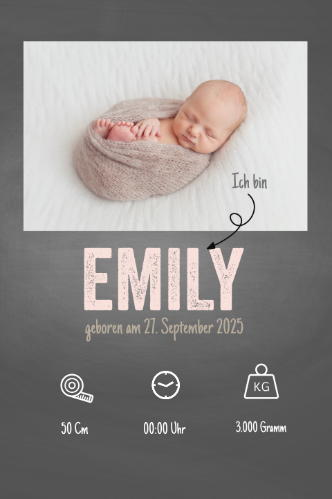 Geburtskarte als Tafel mit Foto und Cliparts