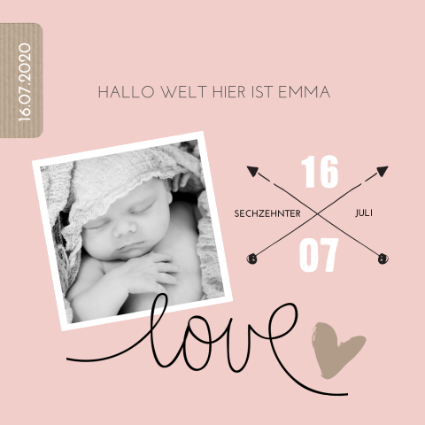 Süße Babykarte in Rosa mit einem Foto