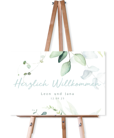 Willkommensschild mit grünen Blättern - 60x40 cm