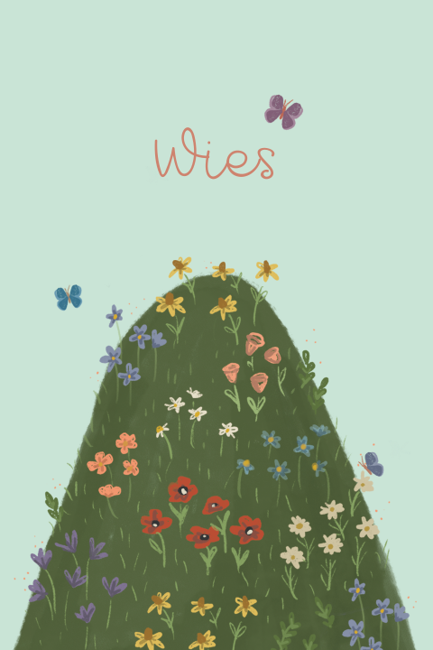 speels geboortekaartje met een berg vol bloemen