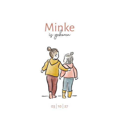 uniek geboortekaartje twee zusjes lijntekening pastel