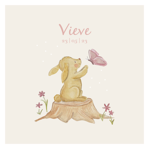 lief geboortekaartje met konijn en vlinder