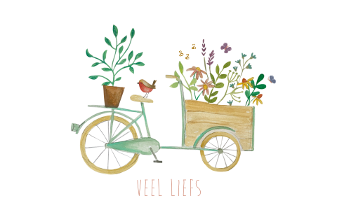 wenskaart met bakfiets en bloemen in aquarel