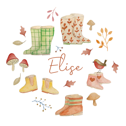 Rond geboortekaartje herfst: laarsjes, paddenstoelen en bladeren