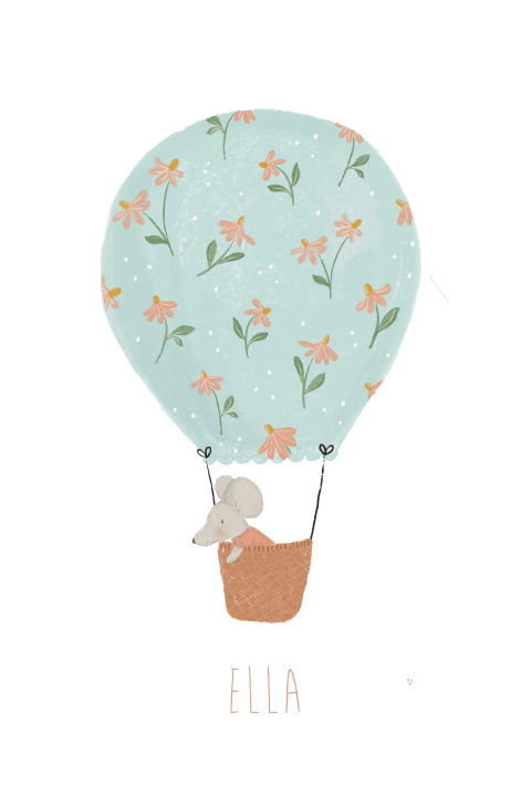 lief geboortekaartje met een muis in een luchtballon