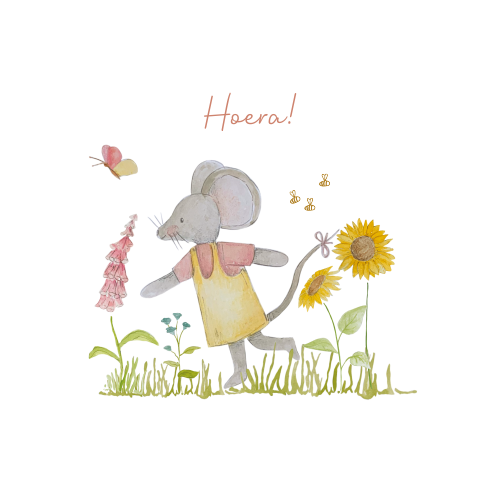 lieve wenskaart met muis in bloemenveld