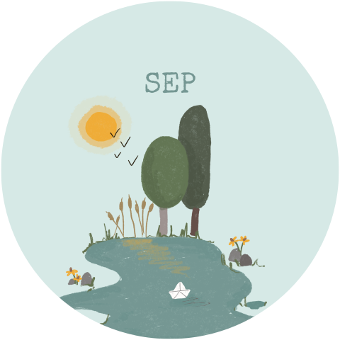 rond geboortekaartje met een meer, bomen en een bootje