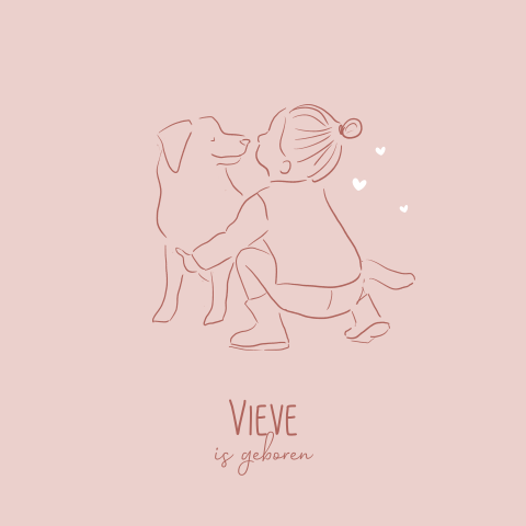 lijntekening geboortekaartje met meisje en hond