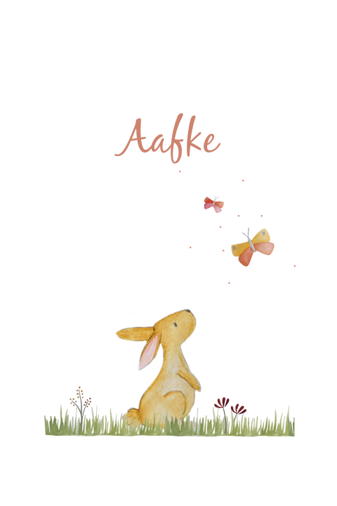 Geboortekaartje met konijn en vlinder in waterverf