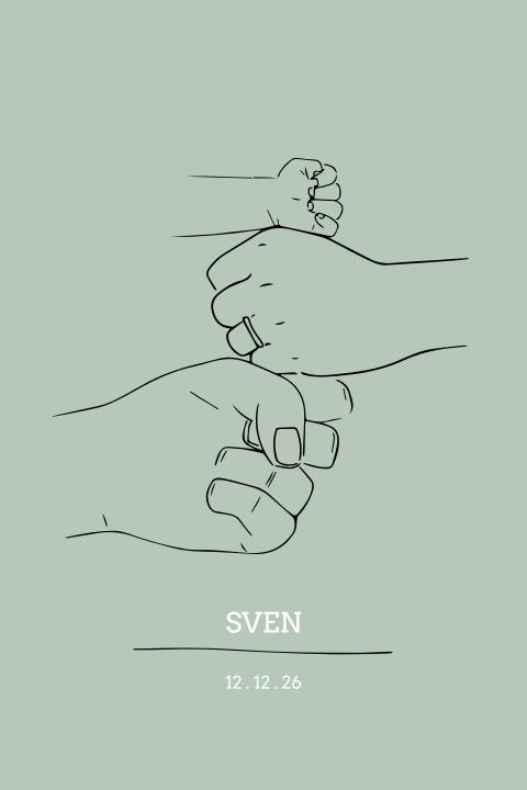 Geboortekaartje met drie handen in lijntekening