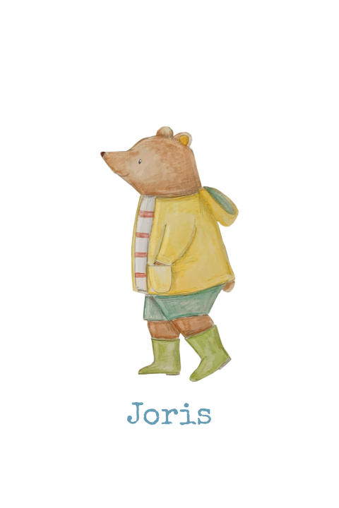 stoer geboortekaartje beer met regenjas