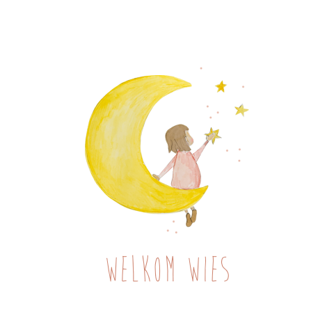 wenskaart meisje op de maan met sterren