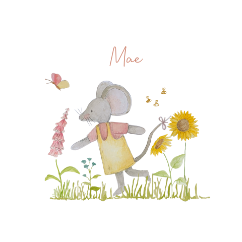 lief en vrolijk geboortekaartje met muis en bloemen