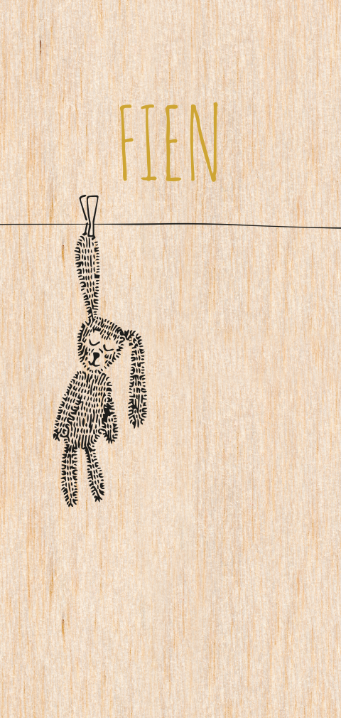 Lief geboortekaartje met konijntje op hout