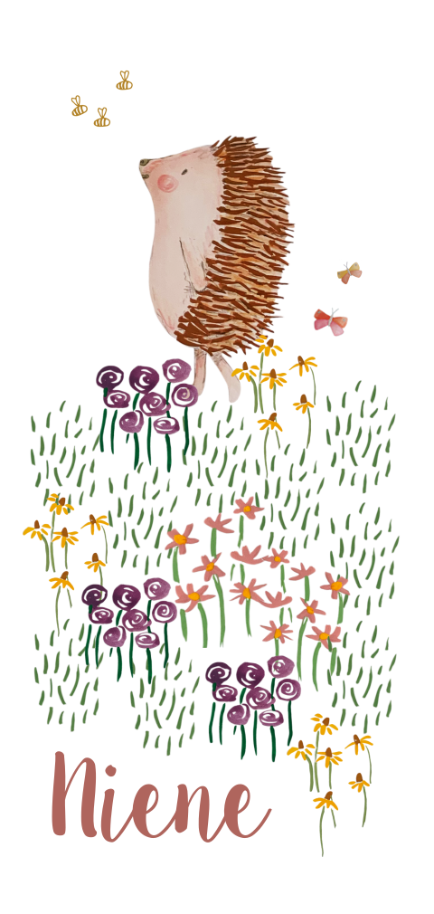 lief en vrolijk geboortekaartje met egel in bloemenveld