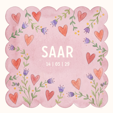 geboortekaartje met aquarel en bloemen en hartjes meisje