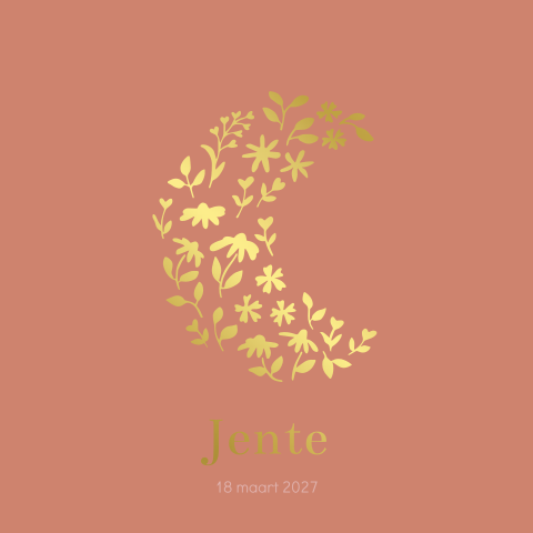 geboortekaartje maan met bloemen in goudfolie