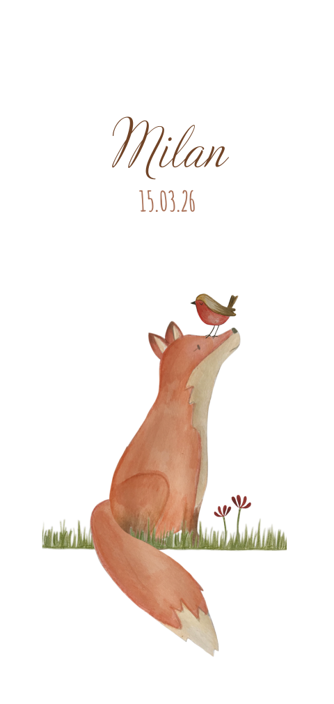 geboortekaartje met vos en vogel in waterverf