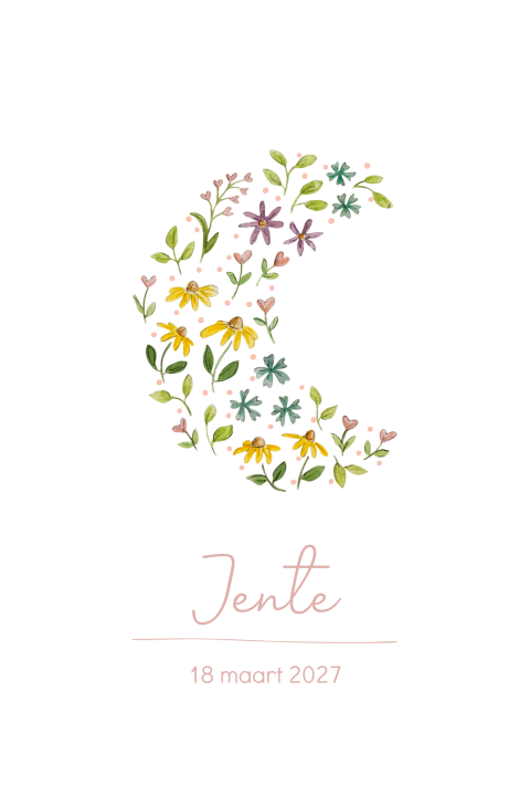 uniek geboortekaartje meisje met maan en bloemen