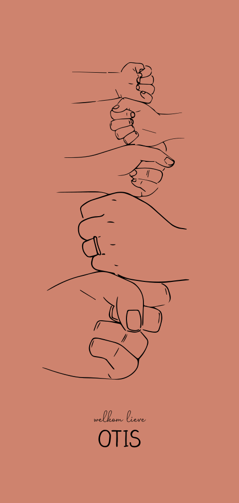 eenvoudig geboortekaartje met 5 vuisten