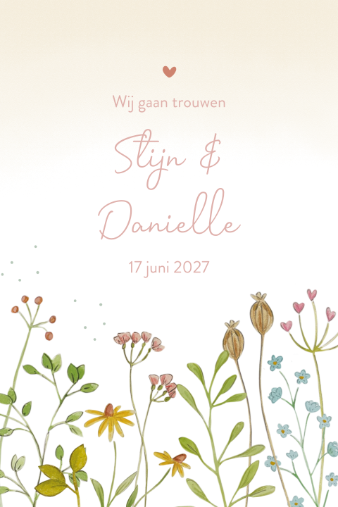 trouwkaart met veldbloemen in pastel kleuren