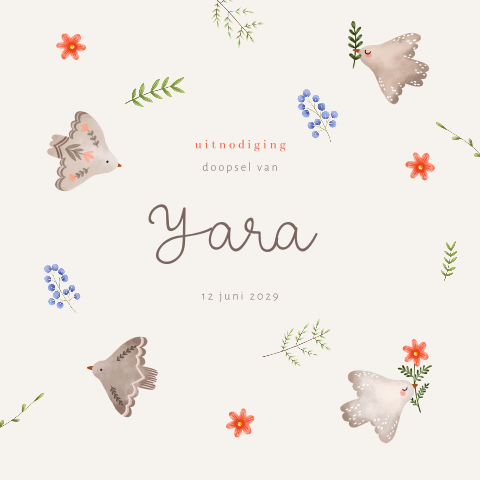 Doopsel uitnodiging met duiven, bloemen en takjes