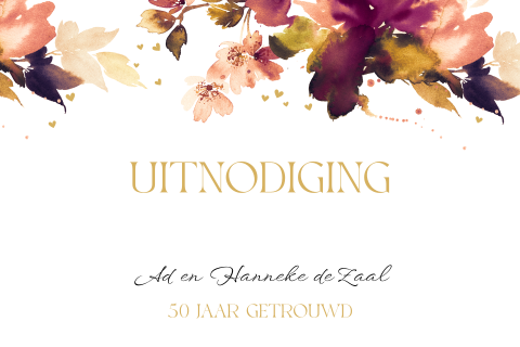 Stijlvolle 50 jaar getrouwd uitnodiging met bloemen en goudtinten
