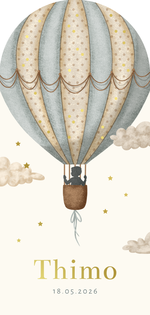 Geboortekaartje in originele vorm met goudfolie lucht ballon